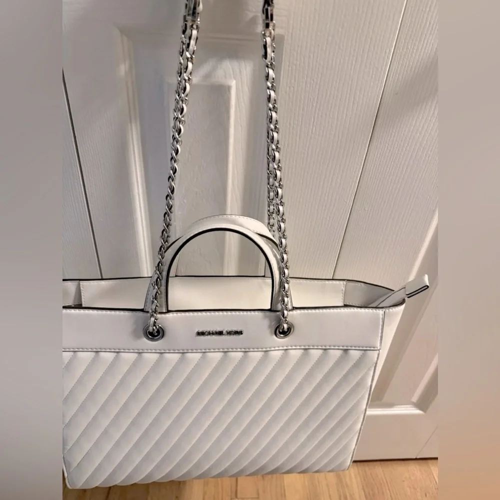 Michael Kors Rose Large East West Vegan Leather Tote Bag Optic White
